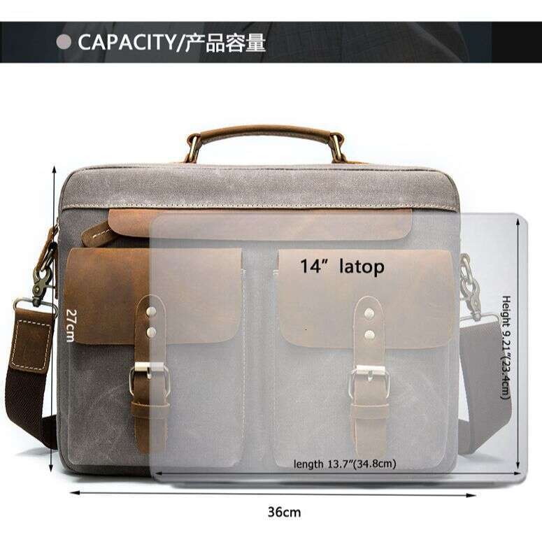 Crazy Horse Leather Handbag Cowhide with Fabric Briefcase Business 14inch Laptop Men's Official Bag Trendy