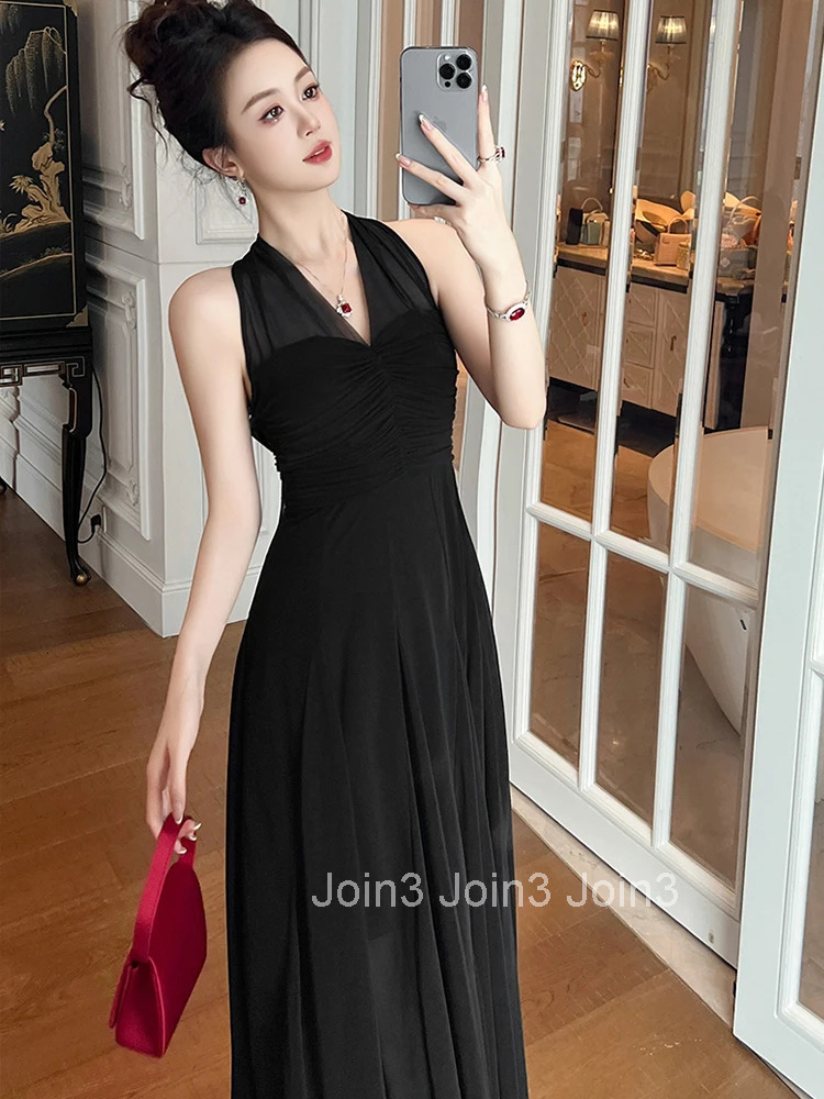 Summer Fashion Black Mesh Vacation Evening Dress Women Clothes Sexy Halter Backless Slim Folds Maxi Long Robe Party Prom Vestido