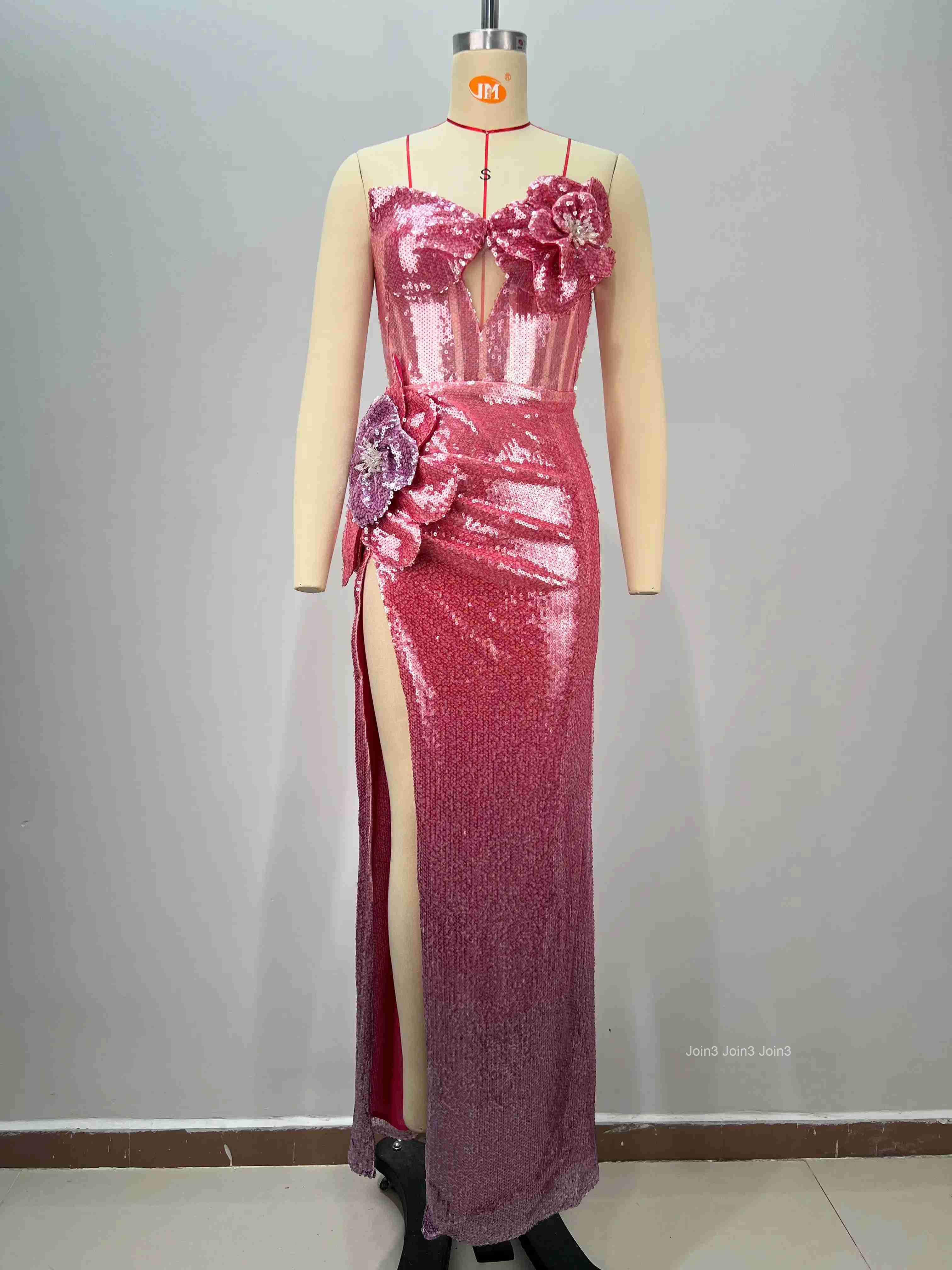 Womens Pink Bandage Dress Sequin 3D Floral Appliques Halter Neck High Slit Evening Gown Formal Party Dress