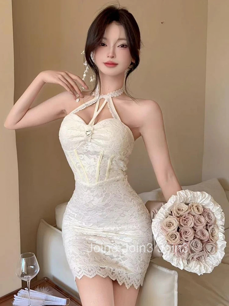 Women Clothes Y2K Hotsweet Lace Sexy Halter Backless Skinny Mini Short Dress Elegant Fashion Evening Party Club Prom Vestido New