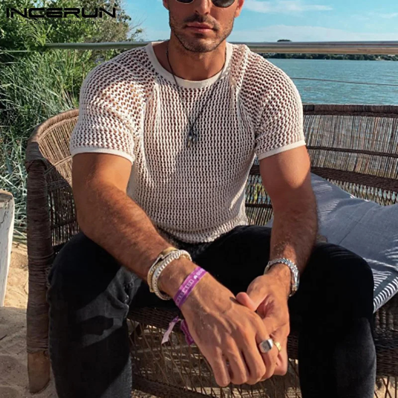 INCERUN Men T Shirt Solid Color Hollow Out See Through Sexy Short Sleeve O Neck Tee Tops Streetwear Casual Party Camisetas 250616