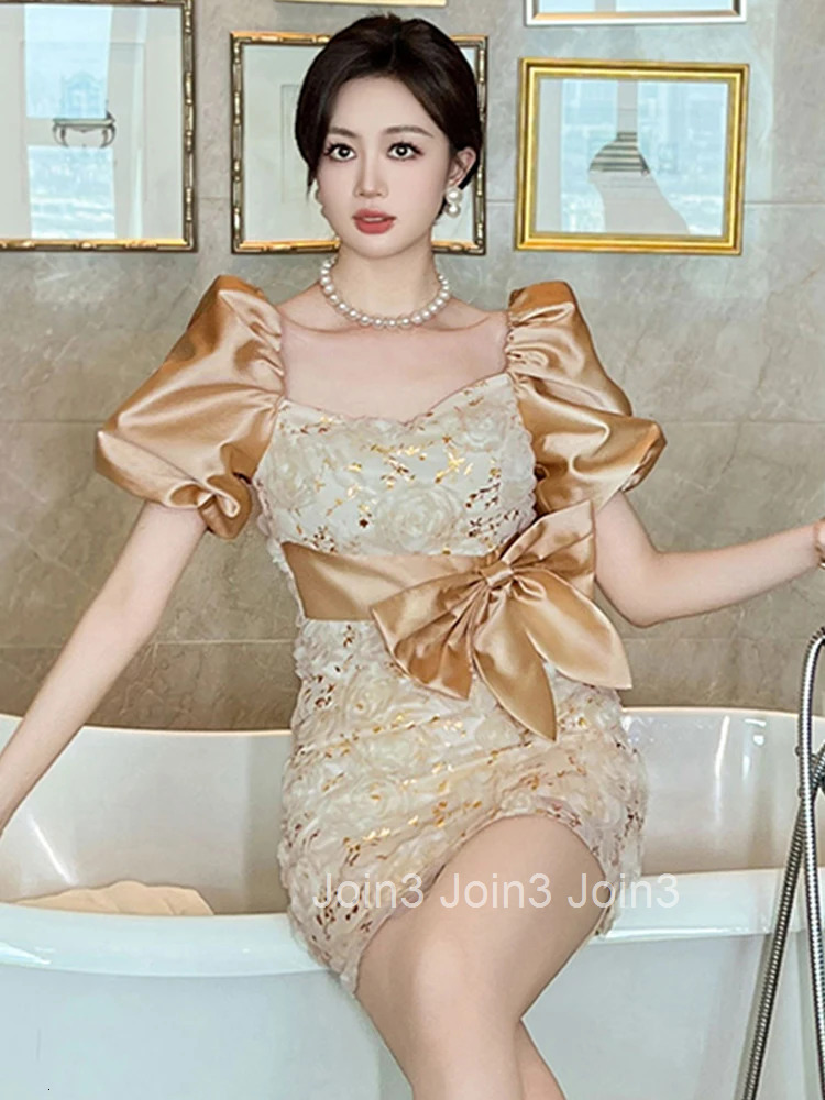 New Summer Fashion Sparkly Gold Evening Short Dress Women Clothes Sweet Floral Sexy Square Collar Slim Party Prom Vestido Fiesta