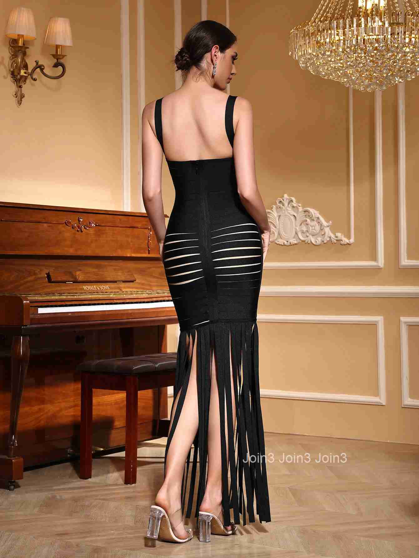 Womens Black Bandage Dress Backless Thin Straps Crisscross Design Fringe Hem High Slit Evening Gown Formal Party Wear