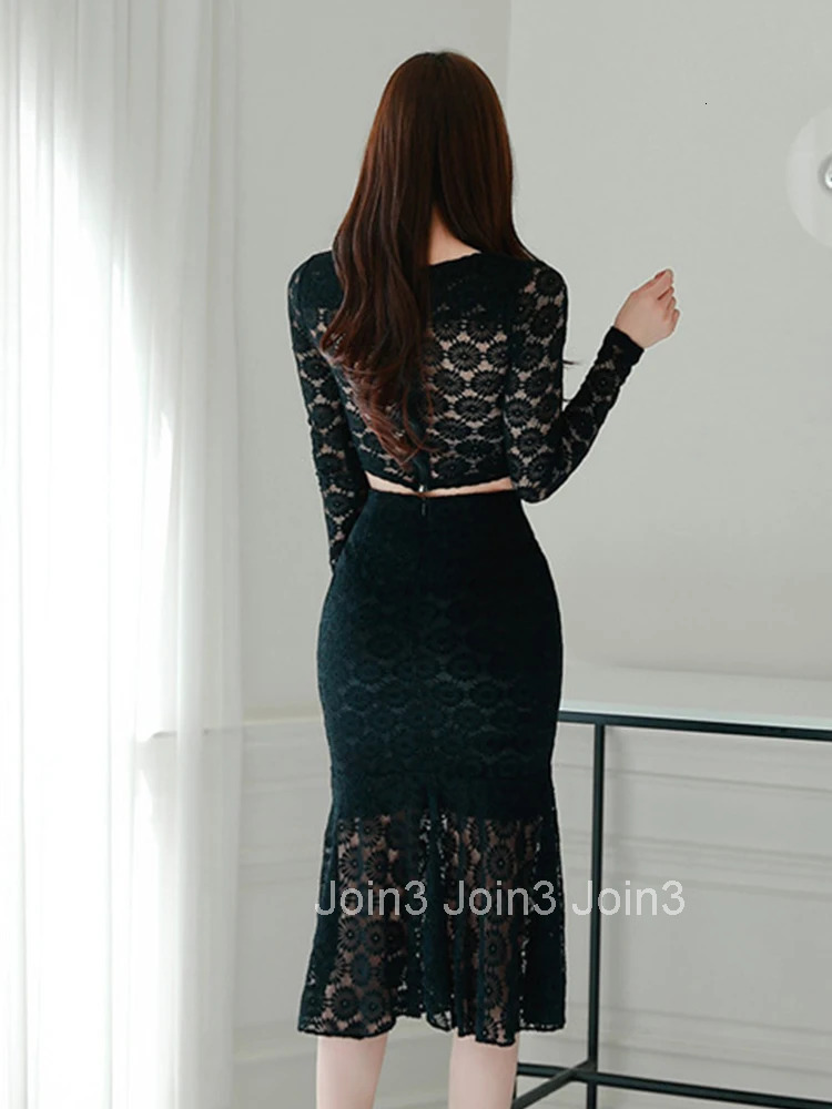 New Fashion Lace 2 Pieces Outfits Women Clothes Elegant Sexy Cropped Short Tops Shirt Blouse And High Waist Midi Skirt Mujer Set