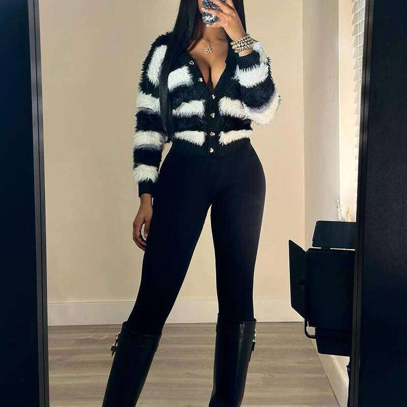 Winter Fashion Black White Striped Single-breasted Knitted Cardigan Sweater Long-sleeve Party High Street Coats for Women 2025