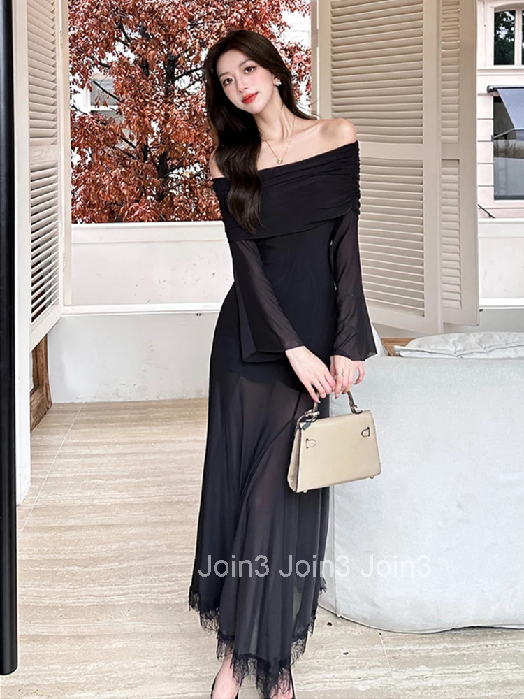 Autumn Fashion Black Mesh Mermaid Long Dress Women Clothes Elegant Sexy Off-Shoulder Skinny Robe Party Club Prom Evening Vestido