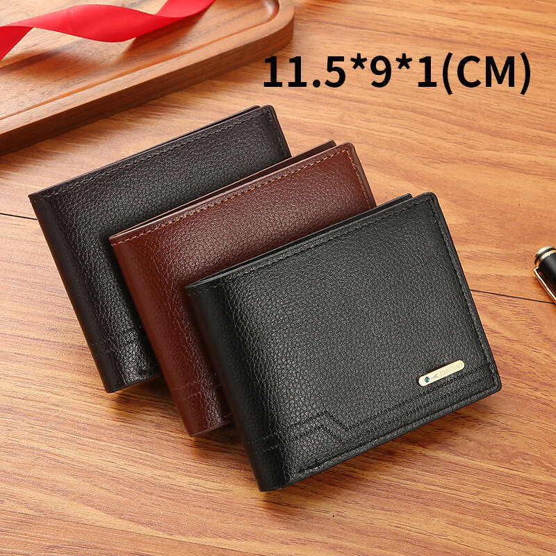 New Men's Short Style Fashion Casual Litchi Grain Soft Leather Multiple Card Slots Large Capacity Small Wallet