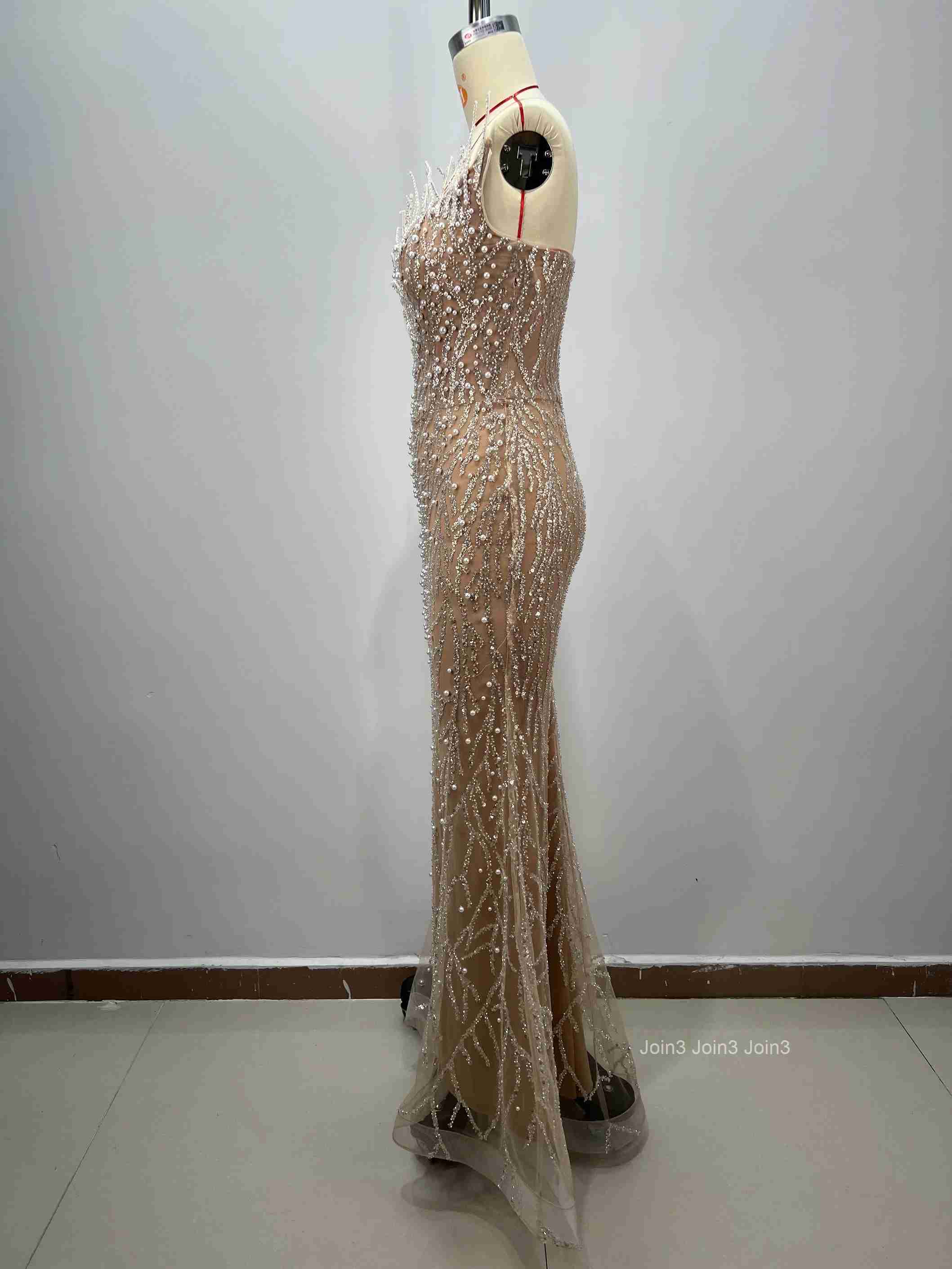 Womens Gold Sequin Bandage Dress Strapless Sheer Tulle Mermaid Evening Gown Beaded Embroidery Deep V Backless Fishtail Formal P