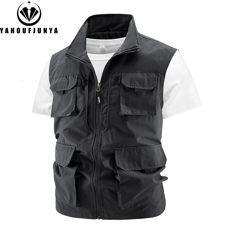 Summer Men Fishing Multiple Pockets Solid Stand Collar Vest Men Sleeveless Outdoor Casual Breathable Zipper Vest Male Coat 250617
