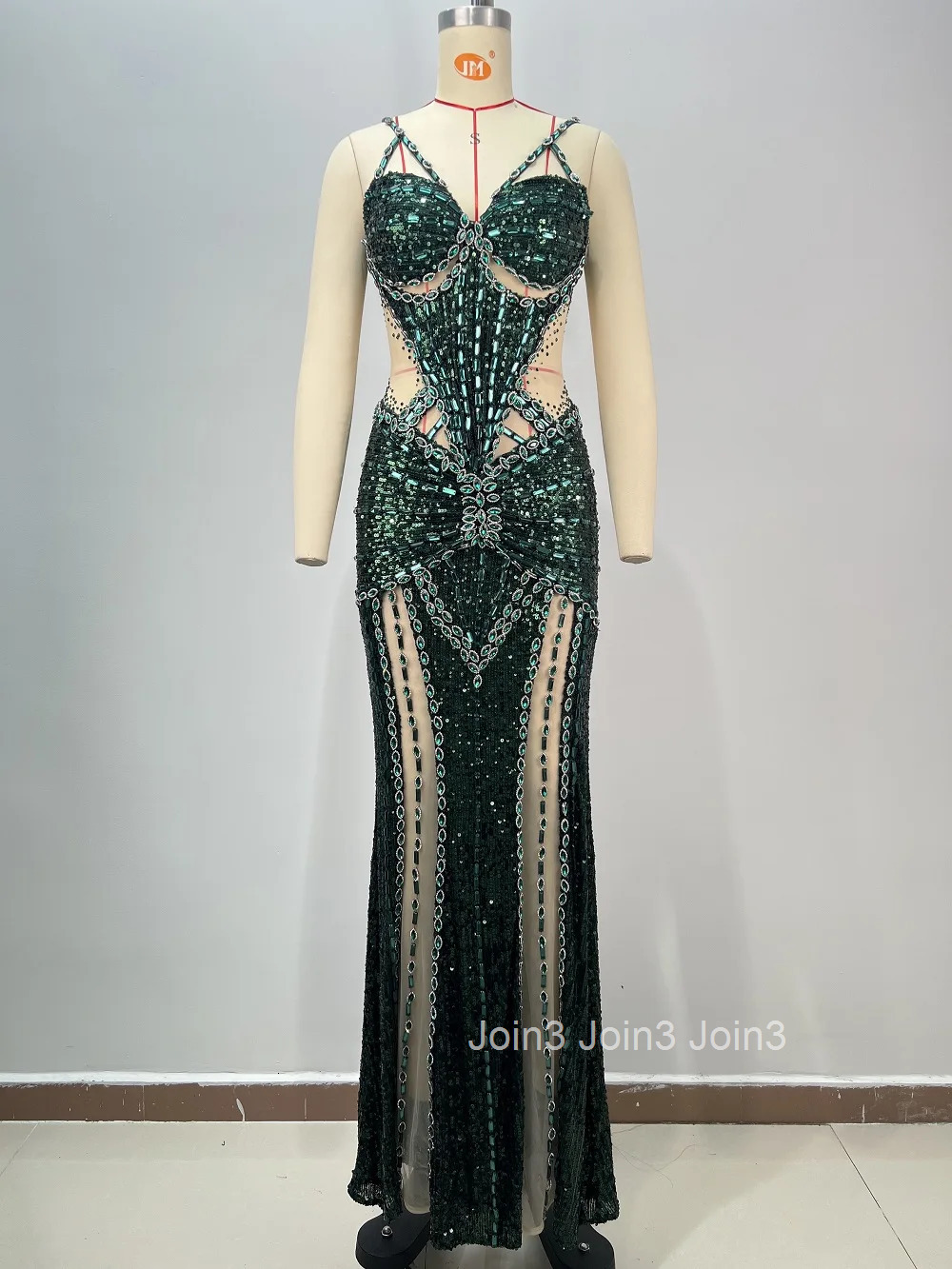 2025 New Women Stage Performance Costume Fashion Embroidered Sequins Diamonds Sexy Gauze Splicing Dress V-neck Sling Long Skirt
