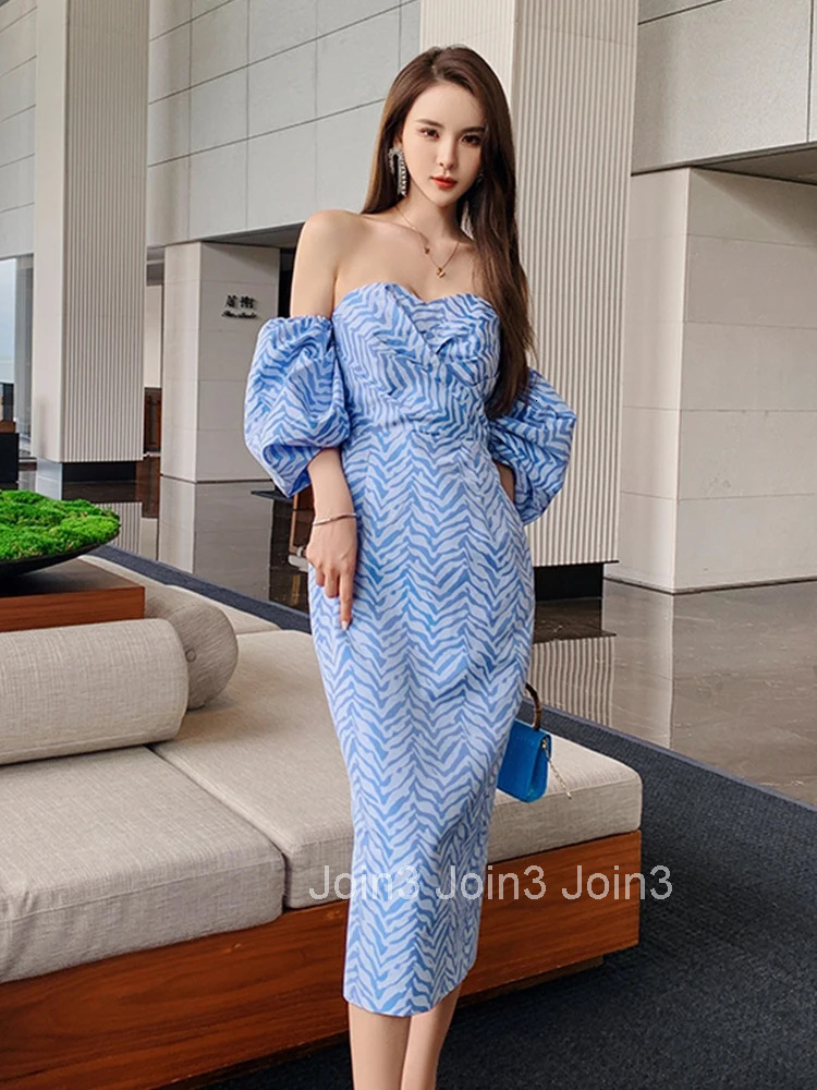 Fashion Vintage Off-Shoulder Lantern Sleeve Midi Mini Party Club Dress Ladies Elegant Robe Casual Stripe Strapless Split Dress