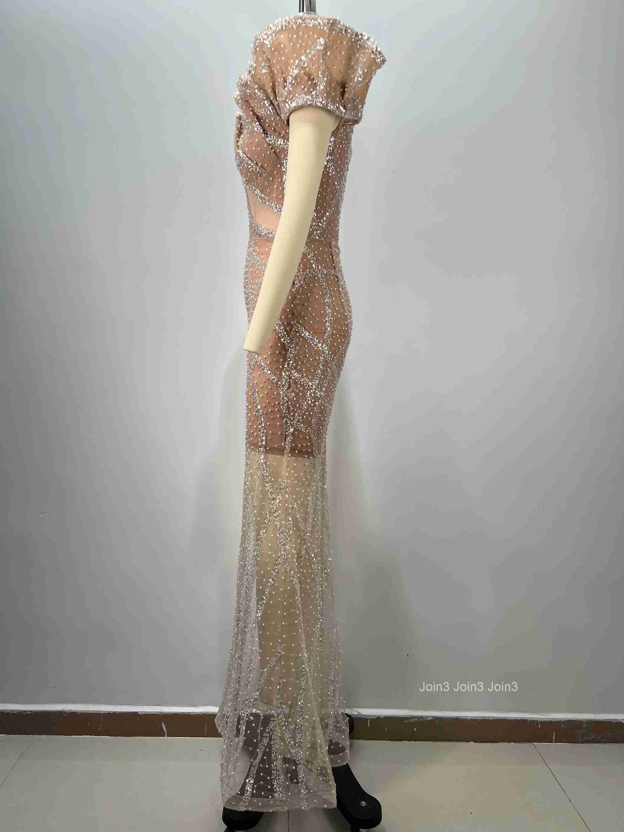 Womens Apricot Bandage Dress One-Shoulder Ruffled Sequin Shoulder Lace Patchwork Evening Gown Formal Party Wear