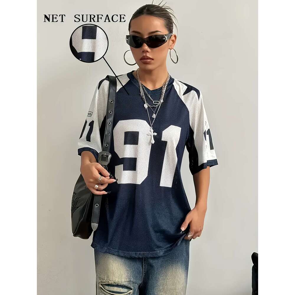 Cross-Border Design Sense Sports Style Digital Print Color-Block Mesh Short Sleeve T-Shirt Loose Top