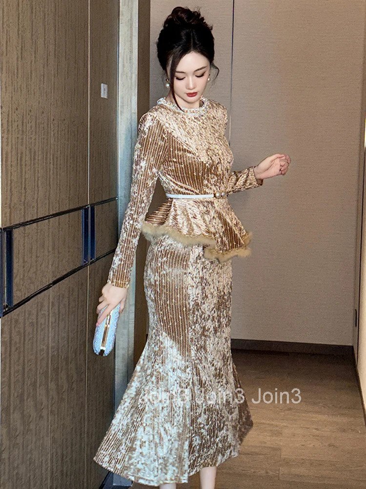 Women Clothes Fake 2-Piece Velvet Sequin O-Neck Slim Midi Fishtail Dress Elegant Party Vestidos Fashion Autumn Winter Casual New