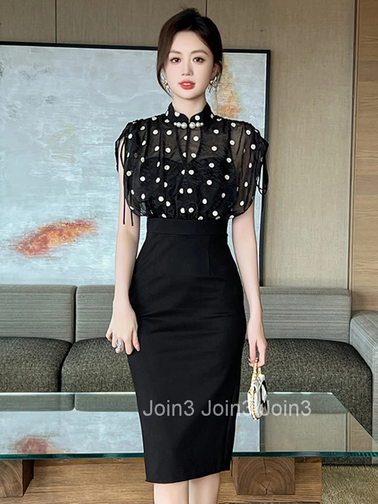 Women Clothes Fake 2-Piece Vintage Black Dot Print Short Sleeve Slim Pencil Dress Elegant Commute Formal Occasion Vestido Casual