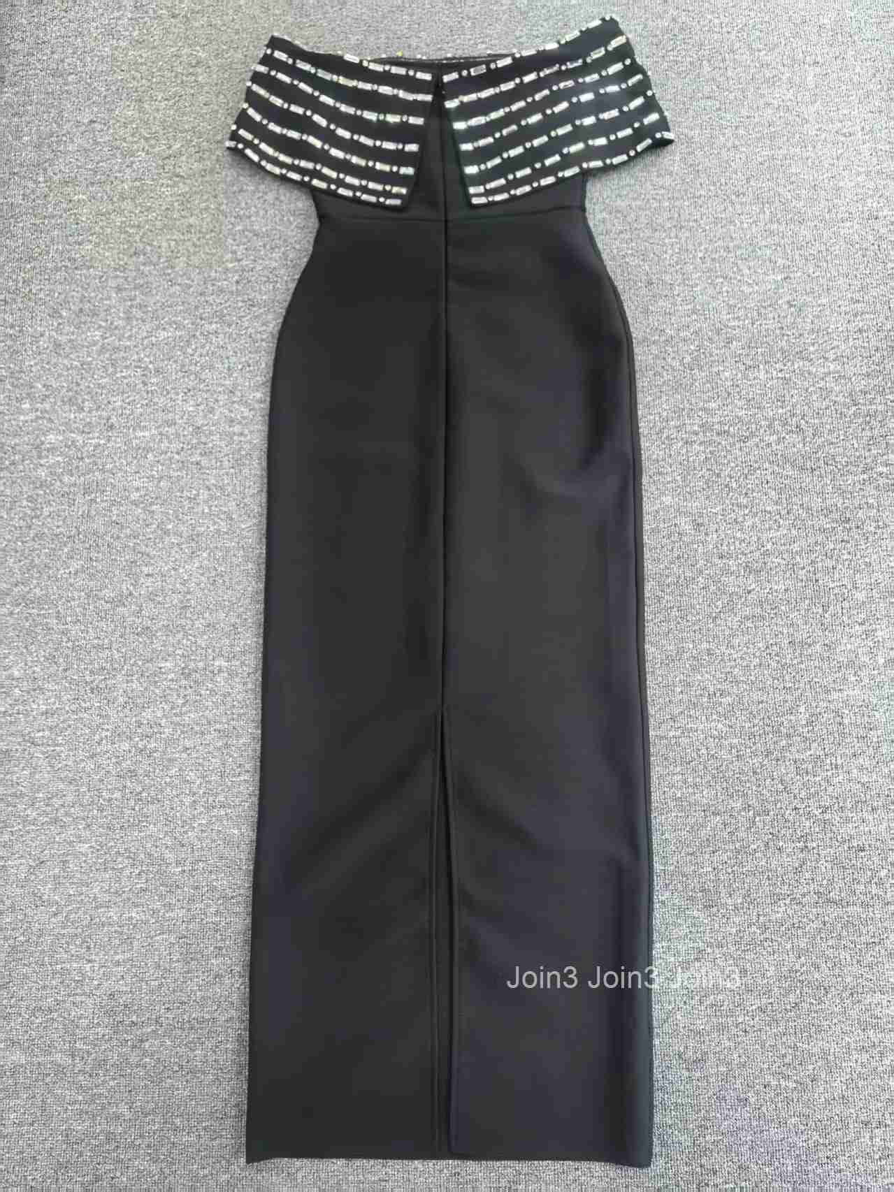 High-End Elegant Womens New Black Crystal Dress Waist-Cinching Sexy Slim-Fit Evening Gown