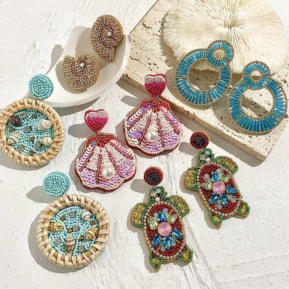 Bohemia Handmade Beaded Shell Turtle Lobster Beach Drop Earrings For Women New Summer Colorful Starfish Pearl Wooden Earring XJ250623