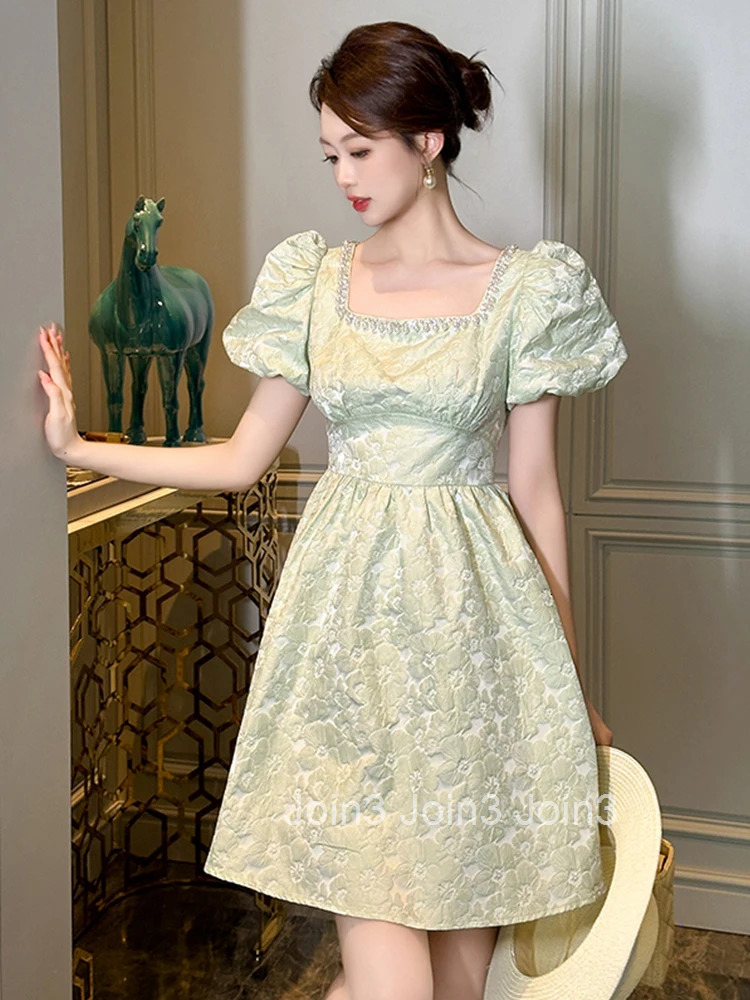 New Summer Fashion Sweet Floral Square Collar A-Line Dress Women Clothes Retro Puff Sleeve Corset Slim Short Party Prom Vestidos