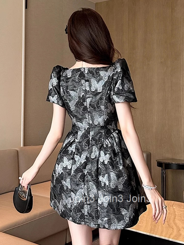 Summer Butterfly Print Black Gown Evening Dress Women Clothes Elegant Retro Puff Sleeve A-Line Short Party Prom Vestidos Fiesta