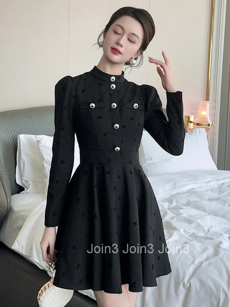 Women Clothes Black Embroidery Stand Neck Slim A-Line Mini Short Dress Elegant Fashion Party Vestidos Casual Formal Occasion New