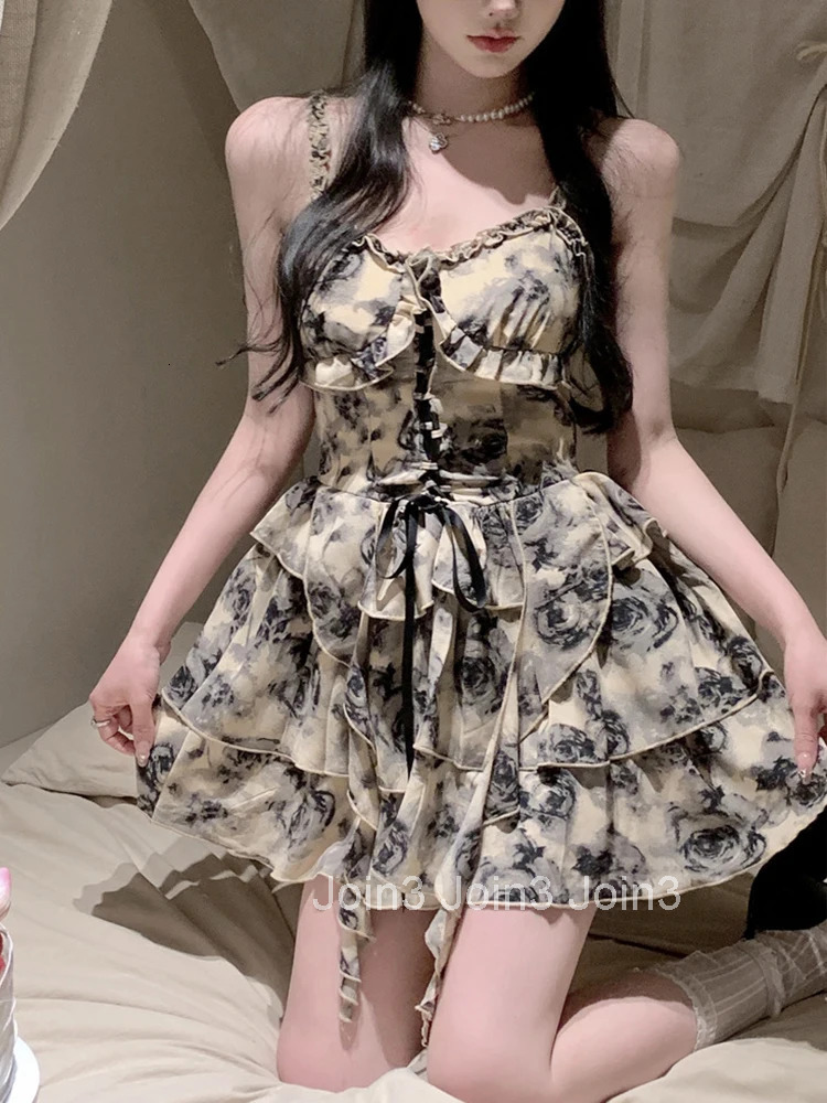 Women Clothes Sweet Floral Sexy Strap Backless Slim Ruffle Mini Short A-Line Dress Fashion Party Prom Vestidos Beach Summer New