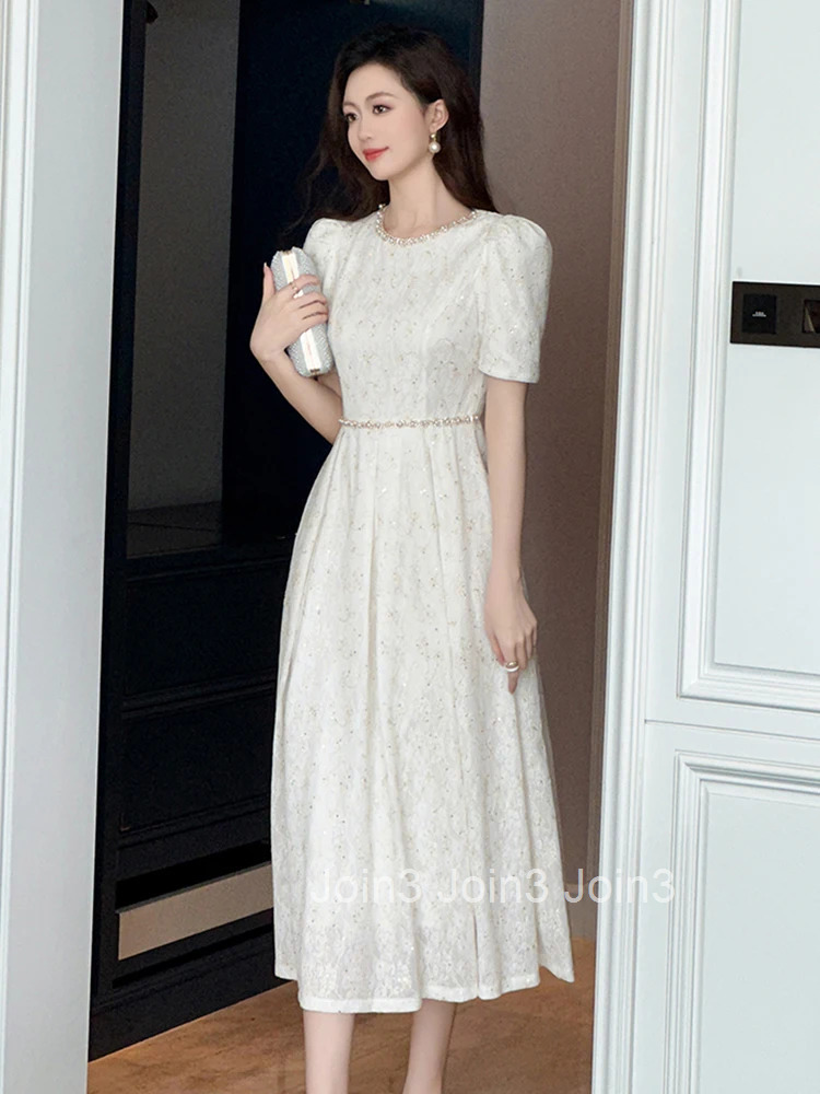 Summer Fashion White Lace Evening Dress Women Clothes Elegant Sweet Flower Puff Sleeve Slim Midi A-Line Party Prom Vestidos Robe