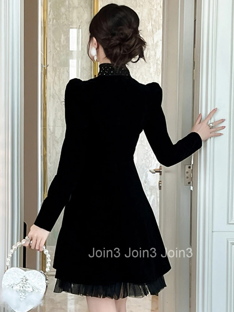 Women Clothes Retro Black Velvet Sheer Mesh Sexy Stand Neck Slim A-Line Mini Short Dress Elegant Fashion Party Vestidos Casual