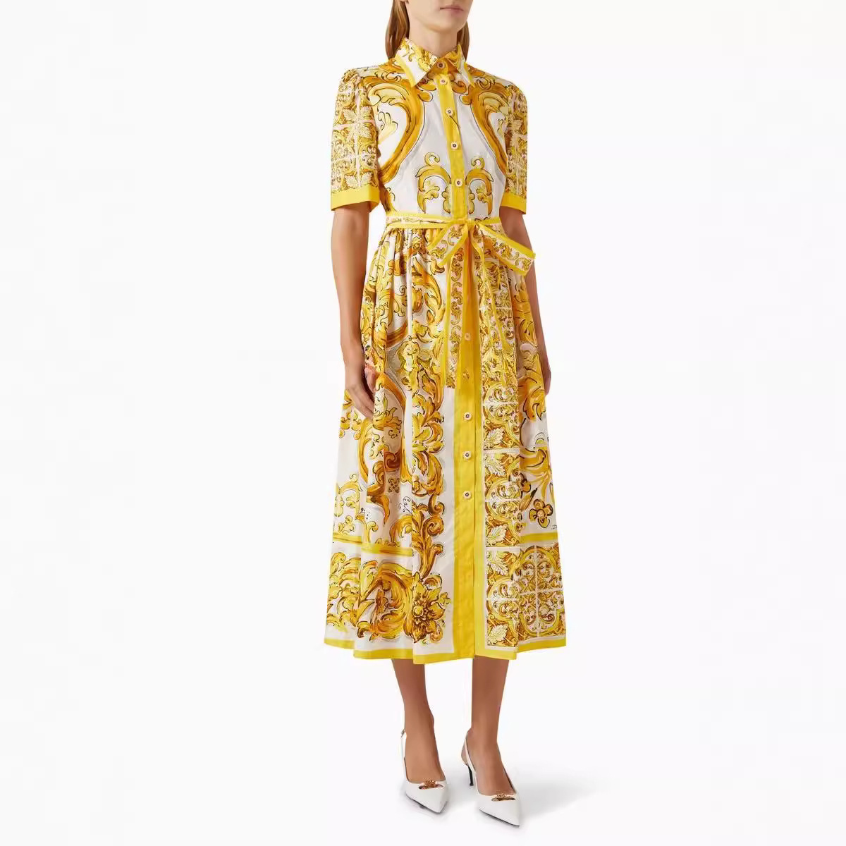 Women Organic Cotton Half High Collar Paisley Printed Midi Dress with Sashes 250121