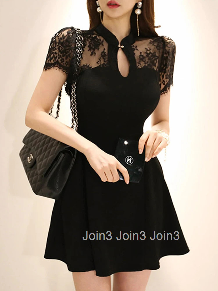 Korean Elegant Women Evening Dress Lady Black Retro Sexy Hollow Lace Sheer Slim Mini Gown Party Club Femme Mujer Vestido Summer