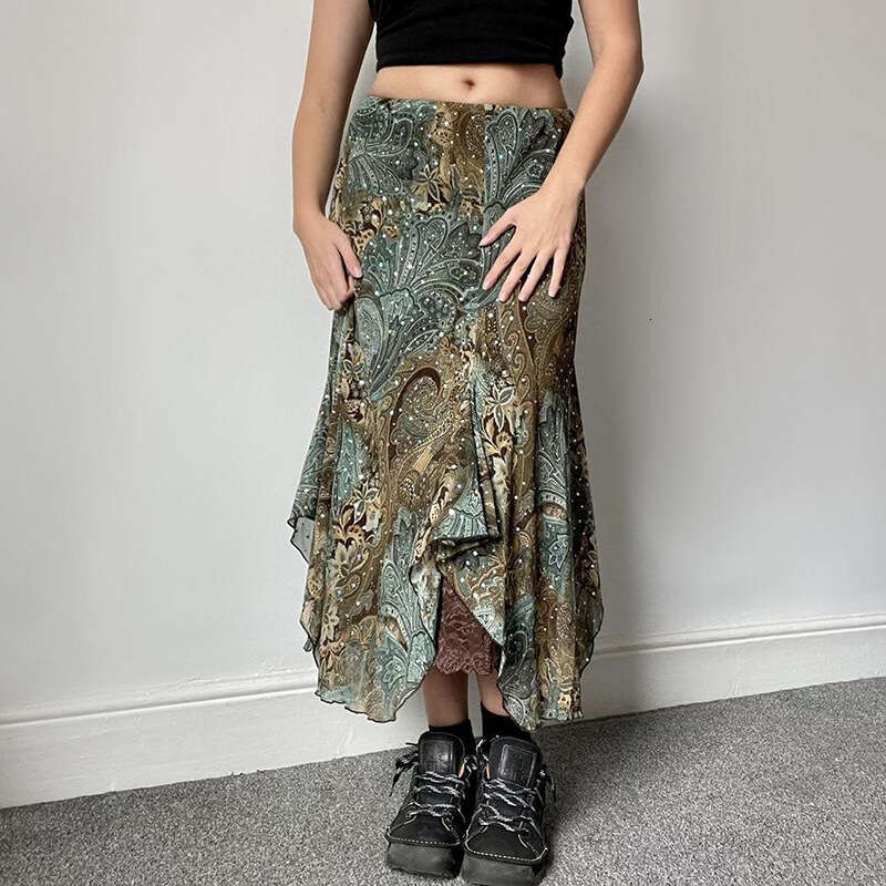 Women's American Style Color Block Irregular Double Layer Patchwork Design Long Skirt B5