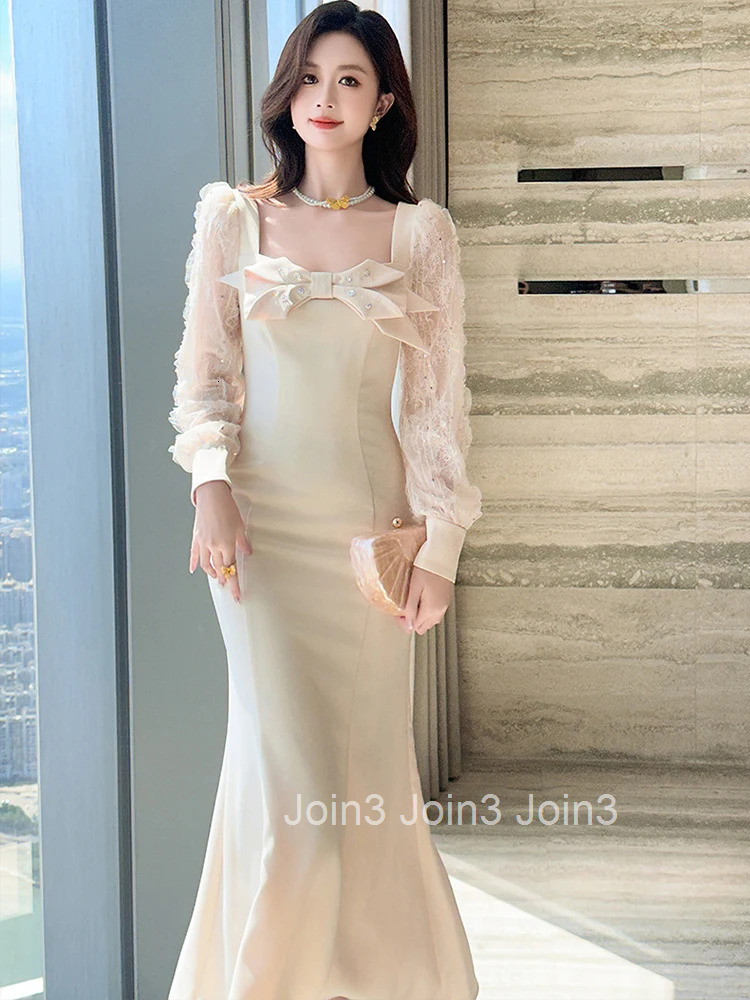 Autumn Fashion Casual Sweet Bow Square Collar Fishtail Long Dress Women Clothes Elegant Lace Long Sleeve Slim Robe Party Vestido