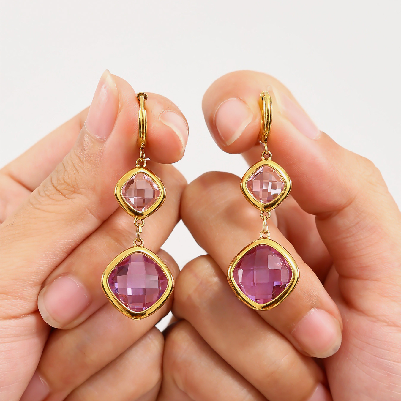 18K Gold Plated Boho Gold Crystal Drop Earrings, Pink & Red Square Charm Earrings for Party/Wedding Hypoallergenic