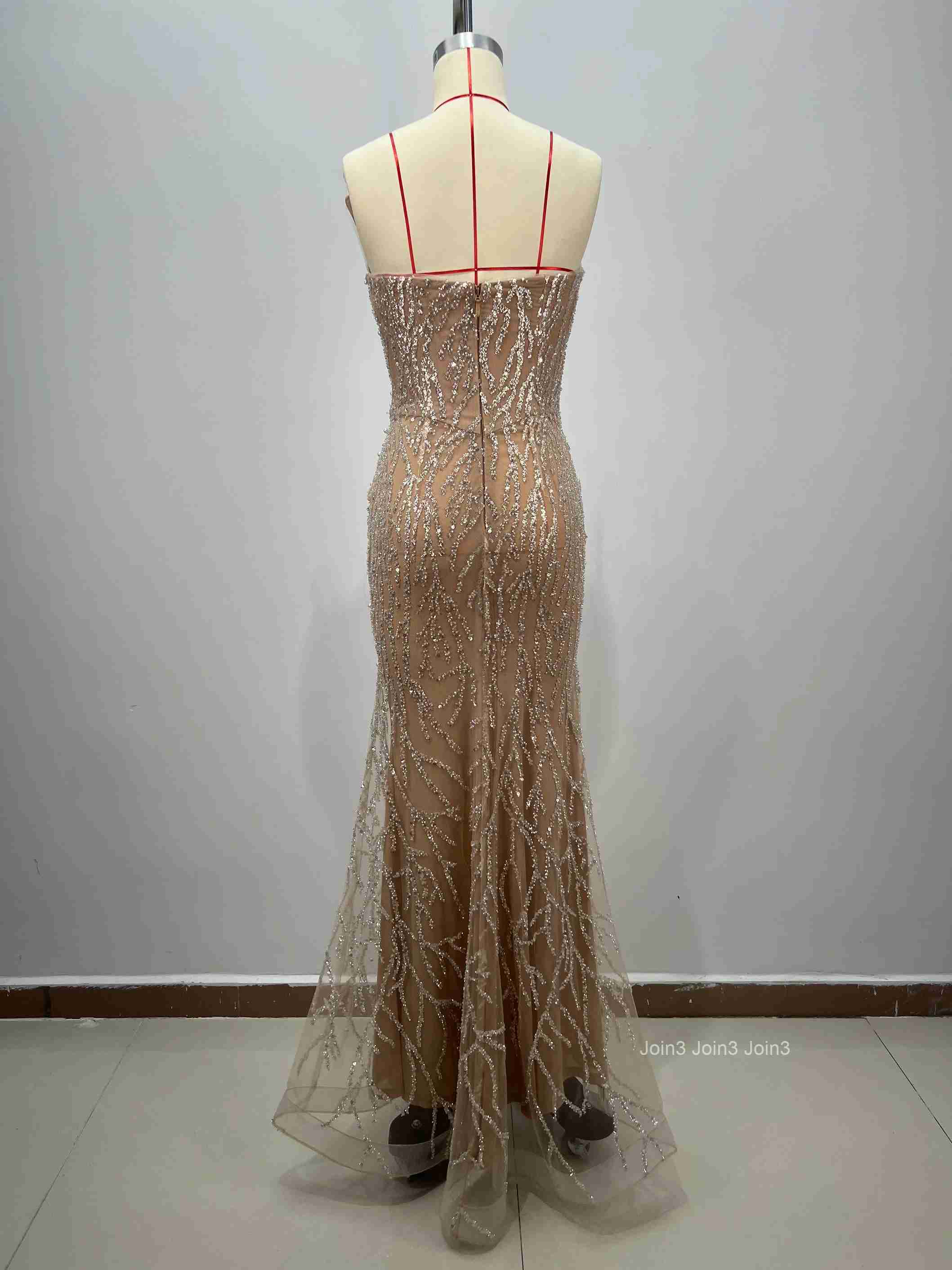Womens Gold Sequin Bandage Dress Strapless Sheer Tulle Mermaid Evening Gown Beaded Embroidery Deep V Backless Fishtail Formal P