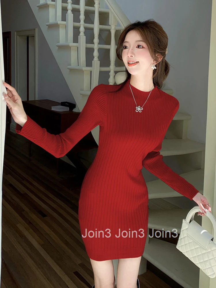 New Autumn Winter Knitted Simple Stretchy Short Dress Women Clothes Sweater Casual Solid O-Neck Long Sleeve Skinny Mini Vestidos