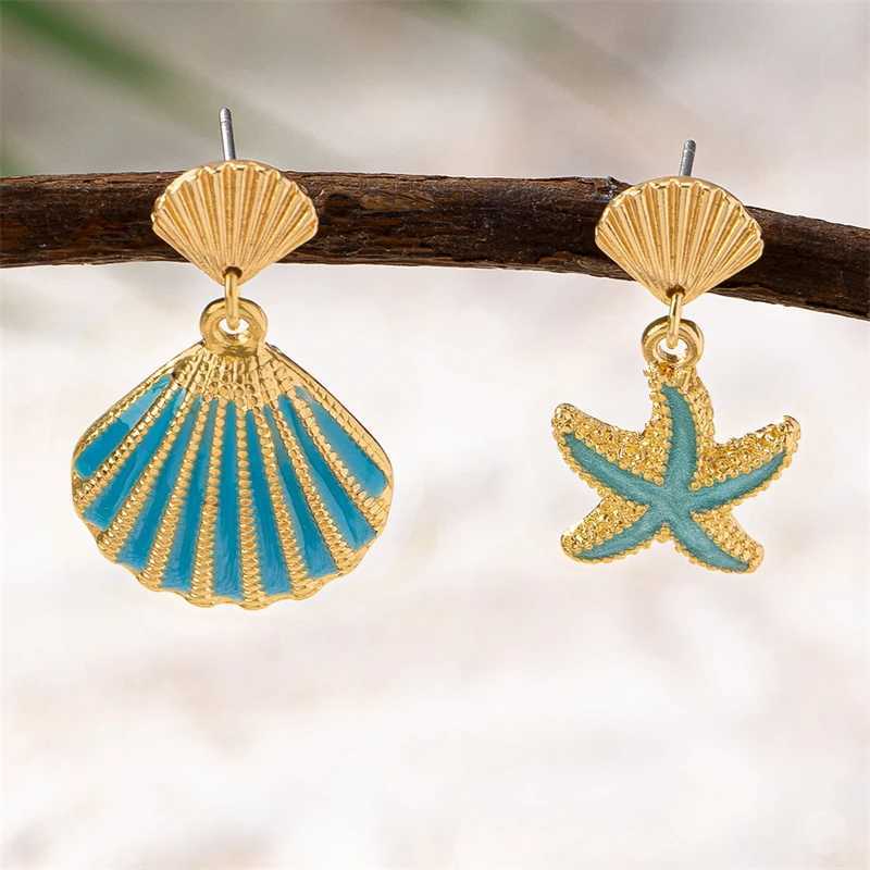 Summer Beach Asymmetrical Metal Shell Starfish Earrings for Women Sweet Enamel Conch Drop Earring Girls Holiday Jewelry Gift XJ250623
