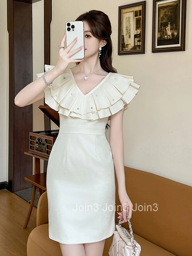 New Summer French Elegant Birthday Evening Dress Women Clothes Sweet Ruffle V-Neck Slim Pencil Short Party Prom Vestidos Commute