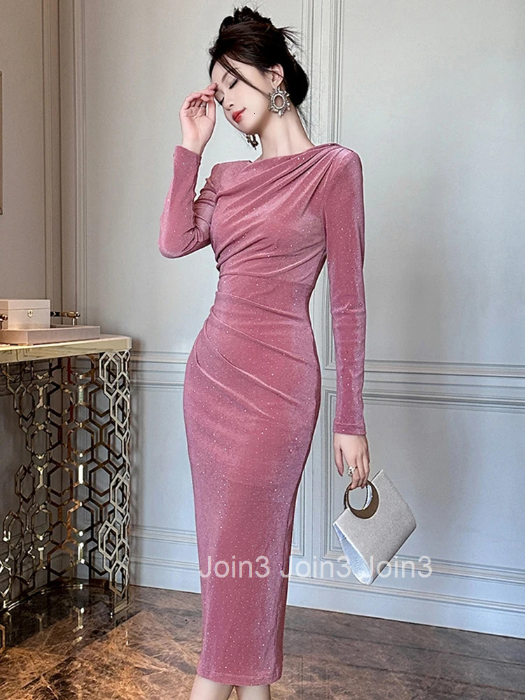 Women Clothes Sparkly Diamonds Formal Occasion O-Neck Skinny Midi Party Dress Elegant Ladies Fashion Prom Vestidos Robe Spring