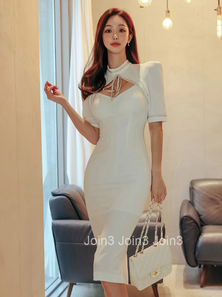 Summer Elegant Office Women Dress Chic Formal White Sexy Hollow Short Sleeve Slim Midi Pencil Party Prom Birthday Mujer Vestidos