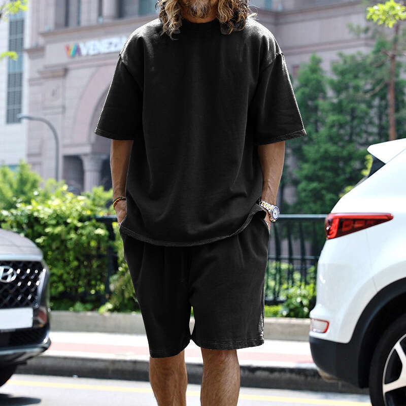25 European and American Foreign Trade Plus Size Casual Loose Short Sleeve T-Shirt Spring Summer Shorts Solid Color Men's Set