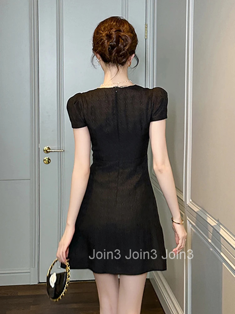 Summer Black Square Collar Gown Evening Dress Women Clothes Elegant Retro Puff Sleeve Slim A-Line Short Party Club Prom Vestidos