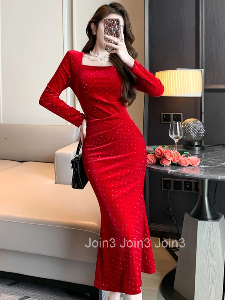New Autumn Winter Retro Velvet Sparkly Evening Dress Women Clothes Elegant Square Collar Midi Fishtail Robe Party Prom Vestidos
