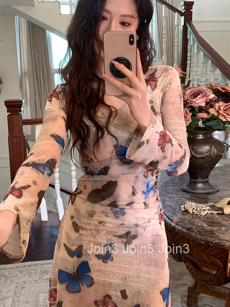 Sexy Retro Butterfly Print Dress for Women Holiday Hotsweet Sweet Long Sleeve Robe Female Vacation Beach Street Vestidos Mujer