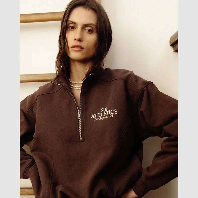 autumn winter Women's Pullover Hooded Sweatshirt with Letter Print and Zipper Closure