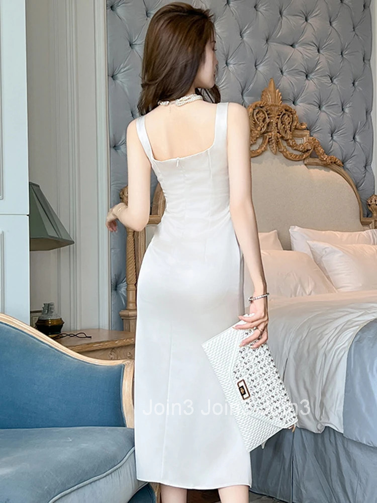 Summer Satin Evening Long Dress Women Elegant Slimple Solid Strap Wrap Hip Slim Slit Midi Party Prom Robe Femme Mujer Vestidos