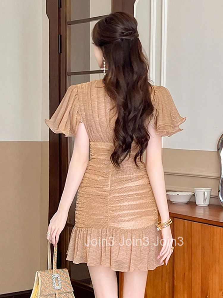 Elegant Fashion Sparkly Gold Bright Silk Mermaid Dress Women Clothes Summer Ruffle Sleeve Slim Party Club Prom Vestidos Fiesta