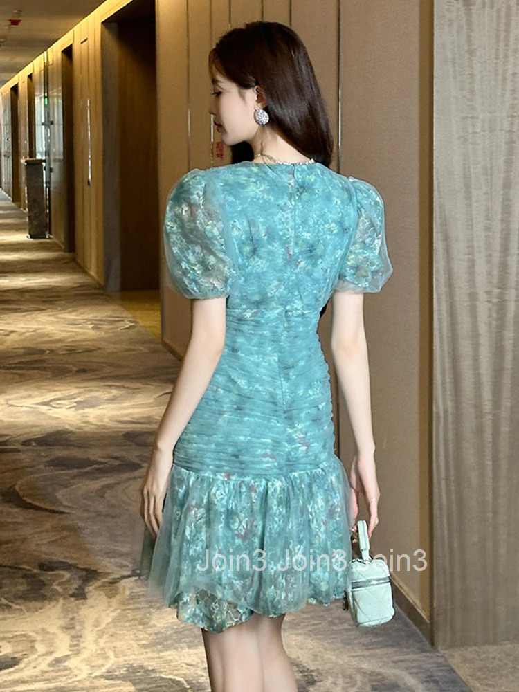 Summer Fashion Blue Mesh Floral Print V-Neck Mermaid Short Dress Women Clothes Sweet Puff Sleeve Skinny Folds Party Prom Vestido