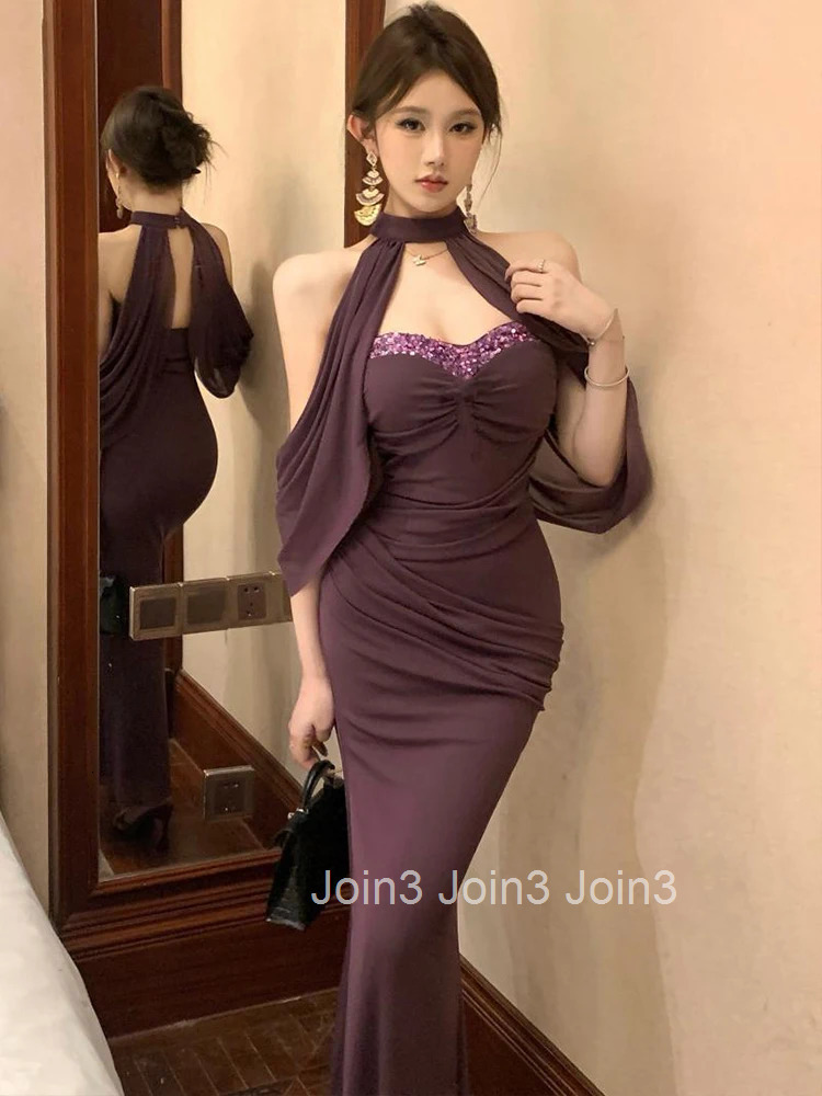 Women Clothes Vintage Sequin Purple Sexy Strapless Skinny Evening Long Dress Elegant Fashion Party Prom Vestidos Robe Beach New