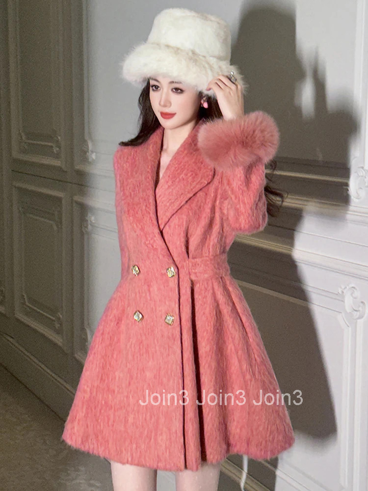 Women Clothes Sweet Pink Wool Double-Breasted Jacket Elegant Hairy Long Sleeve Slim A-Line Coat Outerwear Autumn Winter Casual
