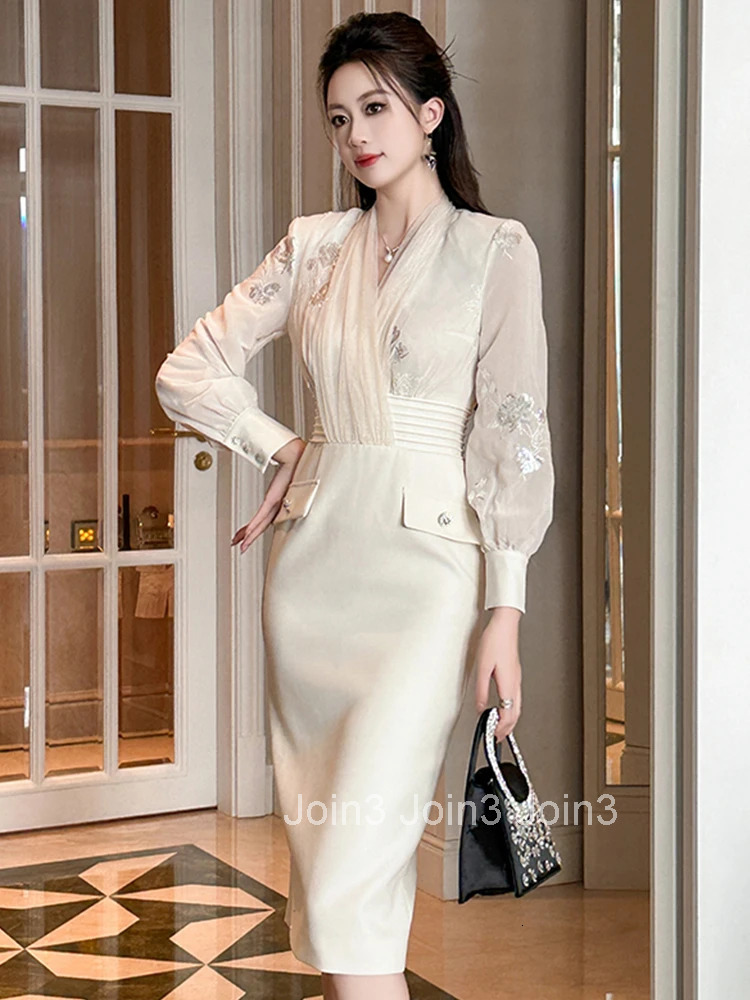 Women Clothes Work Style Fake 2-Piece V-Neck Slim Midi Pencil Dress Elegant Ladies Fashion Vestidos Formal Occasion Casual New