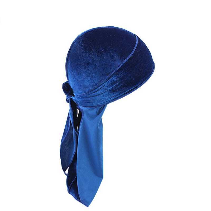 New Unisex Solid Color Soft Velvet Longtail Pirate Hat Breathable Bandana Durag Long Ribbon Cape Baotou Headband Du-Rag M250623